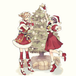 Rule 34 | 2girls, :d, ^ ^, ankle boots, arm up, asa (asa 410st), bauble, beige background, bell, black-framed eyewear, blue ribbon, blush, boots, bow, capelet, cellphone, christmas, christmas ornaments, christmas present, christmas tree, clenched hand, closed eyes, commentary request, daiba nana, dated, detached sleeves, dress, facing another, flower, frilled sleeves, frills, full body, fur-trimmed capelet, fur-trimmed dress, fur-trimmed footwear, fur-trimmed gloves, fur-trimmed headwear, fur trim, gift, glasses, gloves, green eyes, green ribbon, hair bell, hair bow, hair ornament, hair over shoulder, hand up, hands up, hat, holding, holding phone, hoshimi junna, leg up, leg warmers, light brown hair, long hair, looking at object, looking up, multicolored ribbon, multiple girls, official alternate costume, open mouth, outstretched arm, phone, pom pom (clothes), pom pom hair ornament, purple hair, reaching, red bow, red capelet, red dress, red flower, red footwear, red gloves, red headwear, red legwear, ribbon, santa hat, shoes, short hair, short sleeves, short twintails, shoujo kageki revue starlight, shoujo kageki revue starlight -re live-, simple background, smartphone, smile, standing, standing on one leg, star (symbol), striped ribbon, swept bangs, taking picture, thighhighs, twintails, twitter username, white bow, yellow ribbon