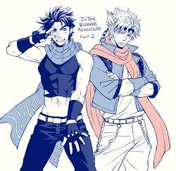 Rule 34 | 2boys, abs, caesar anthonio zeppeli, copyright name, crop top, crossed arms, facial mark, fingerless gloves, frown, gloves, grin, groin, haruko (chikadoh), headband, jacket, jojo no kimyou na bouken, joseph joestar, joseph joestar (young), limited palette, male focus, midriff, monochrome, multiple boys, navel, scarf, simple background, smile, spot color, striped clothes, striped scarf, sweatdrop, white background, winged hair ornament