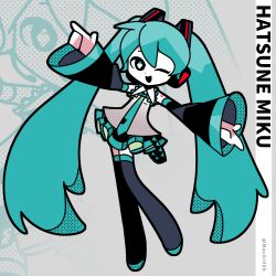 Rule 34 | 1girl, aqua hair, aqua necktie, arm up, black footwear, black skirt, black sleeves, boots, character name, chibi, collared shirt, detached sleeves, full body, grey background, grey shirt, hair ornament, halftone, hatsune miku, headset, knees together feet apart, long hair, long sleeves, looking at viewer, machigami yoh, miniskirt, necktie, one eye closed, open mouth, shirt, simple background, skirt, sleeveless, sleeveless shirt, solo, standing, thigh boots, thighhighs, twintails, twitter username, very long hair, vocaloid, wide sleeves, zettai ryouiki, zoom layer