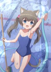 Rule 34 | 1girl, absurdres, animal ears, arm up, armpits, blue eyes, blush, breasts, broom, brown hair, cat ears, cat girl, cat tail, cleavage, empty pool, fang, hair bobbles, hair ornament, highres, holding, holding broom, holding hose, hose, indie virtual youtuber, itigori ena, looking up, medium breasts, mole, mole under eye, one-piece swimsuit, open mouth, pool, skin fang, solo, standing, standing on one leg, swimsuit, tail, twintails, tyakomis, virtual youtuber, water
