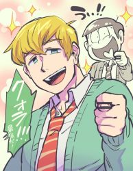 Rule 34 | 10s, 2boys, bad id, bad twitter id, bar censor, blonde hair, blue eyes, cardigan, censored, censored gesture, constricted pupils, dual persona, f6 (osomatsu-san), fig sign, heart, heart in mouth, loose necktie, male focus, matsuno jyushimatsu, monochrome, multiple boys, necktie, osomatsu-kun, osomatsu-san, osomatsu (series), pink background, sanjiro (tenshin anman), smile, sparkle, translation request, upper body