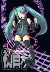 Rule 34 | adapted costume, aqua necktie, black background, black one-piece swimsuit, black thighhighs, character name, green hair, hatsune miku, long hair, necktie, one-piece swimsuit, sazame, shoulder tattoo, solo, swept bangs, swimsuit, tattoo, thighhighs, twintails, very long hair, vocaloid, zettai ryouiki