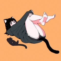 Rule 34 | ahoge, animal ear fluff, animal ears, bare legs, barefoot, black cat, black eyes, black hair, blush stickers, bright pupils, cat, cat ears, cat girl, cat tail, crossed legs, dolphin shorts, feet, grey hoodie, hands on own knees, highres, hood, hoodie, looking at viewer, lying, megateru, no nose, on back, on floor, original, oversized clothes, shorts, sleeves past wrists, soles, tail, thighs, toes, white pupils