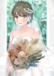 Rule 34 | 1girl, :o, alternate costume, alternate hairstyle, bare shoulders, blurry, blurry background, blush, bouquet, bridal veil, bride, collarbone, dress, earrings, flower, flower earrings, gong xu yamii, highres, holding, holding bouquet, idolmaster, idolmaster shiny colors, jewelry, looking at viewer, nanakusa nichika, solo, strapless, strapless dress, veil, wedding dress, white dress
