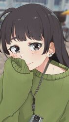 Rule 34 | 1girl, ahoge, artist name, black hair, blurry, blurry background, blush, brown eyes, casual, cellphone, close-up, closed mouth, commentary, depth of field, earrings, film grain, flip phone, green sweater, hair strand, hand to own mouth, highres, ira (servachok), jewelry, lanyard, light blush, light smile, long hair, looking at viewer, messy hair, multiple earrings, original, phone, portrait, russian commentary, servachok, sleeves past fingers, sleeves past wrists, smile, solo, sweater, thick eyebrows, upper body