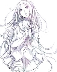 Rule 34 | 10s, 1girl, breasts, guilty crown, hair ornament, long hair, looking at viewer, looking away, monochrome, open mouth, ouma mana, own hands clasped, own hands together, school uniform, small breasts, solo, tears, thighhighs, twintails, yoma