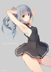 Rule 34 | 10s, 1girl, absurdres, adjusting hair, armpits, arms up, belt, blouse, breasts, brown eyes, buttons, character name, dress, from side, grey background, hair ornament, highres, kantai collection, kasumi (kancolle), kasumi kai ni (kancolle), long hair, looking at viewer, looking to the side, pinafore dress, ponytail, ribbon, school uniform, shirt, side ponytail, silver hair, simple background, skirt, sleeveless, sleeveless dress, small breasts, solo, suspenders, tebi (tbd11), white shirt