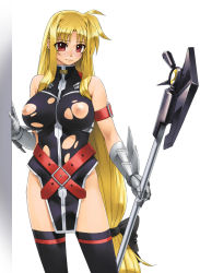 Rule 34 | 00s, 1girl, bad id, bad pixiv id, bardiche (assault form) (nanoha), bardiche (nanoha), blonde hair, breasts, chyko, fate testarossa, fate testarossa (true sonic form), gloves, large breasts, long hair, low-tied long hair, lyrical nanoha, mahou shoujo lyrical nanoha, mahou shoujo lyrical nanoha strikers, nipples, red eyes, solo, thighhighs, torn clothes, very long hair