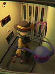 Rule 34 | 1girl, 404, :3, black hat, blood, blood on clothes, blouse, bow, chromatic aberration, commentary request, elevator, eyeball, frilled shirt collar, frilled sleeves, frills, from above, green eyes, green hair, green skirt, hat, hat bow, hat ribbon, heart, heart-shaped pupils, highres, holding, holding knife, http status code, indoors, karasu2020 8, knife, koishi day, komeiji koishi, long sleeves, looking at viewer, ribbon, security camera, shirt, short hair, skirt, solo, symbol-shaped pupils, third eye, touhou, wide sleeves, yellow bow, yellow ribbon, yellow shirt