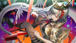 Rule 34 | 1girl, \m/, ambience synesthesia, antennae, arknights, belt, black footwear, black shirt, black shorts, boots, breasts, cleavage, crown, from side, gold jacket, grey hair, highres, holding, holding microphone stand, jacket, looking at viewer, looking to the side, makkuro, medium hair, microphone, microphone stand, official alternate costume, open clothes, open jacket, red eyes, shirt, shorts, simple background, solo, sports bra, studded belt, studded choker, thigh strap, w (arknights), w (cannot wait for) (arknights), white background