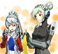 Rule 34 | 2girls, android, atlus, blue hair, green hair, highres, joints, kamui sathi, knitting, labrys (persona), megami tensei, multiple girls, persona, persona 4, persona 4: the ultimate in mayonaka arena, red eyes, robot joints, shin megami tensei, unit #024
