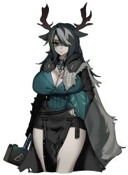 Rule 34 | 1girl, animal ears, arknights, black eyeshadow, black hair, breasts, colored skin, cowboy shot, eikthyrnir (arknights), eyeshadow, genderswap, genderswap (mtf), hammer, highres, horns, large breasts, looking at viewer, magnet (akwlspt), makeup, simple background, solo, thigh gap, twitter, white background, white skin