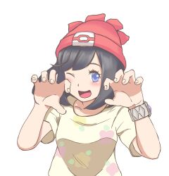 Rule 34 | 13 (deccho-htm), 1girl, absurdres, beanie, black hair, blue eyes, blush, breasts, collarbone, creatures (company), floral print, game freak, hands up, hat, highres, looking at viewer, nintendo, one eye closed, open mouth, pokemon, pokemon sm, red hat, selene (pokemon), shirt, short hair, simple background, small breasts, solo, t-shirt, upper body, white background, wide sleeves, yellow shirt, z-ring