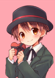 Rule 34 | 1boy, black hat, black ribbon, blush, box, brown eyes, brown hair, chana gon, closed mouth, collared shirt, commentary request, dress shirt, green jacket, hair between eyes, hands up, hat, heart-shaped box, holding, holding box, jacket, lapels, long sleeves, looking at viewer, male focus, mother (game), mother 2, neck ribbon, nintendo, open clothes, open jacket, pink background, ribbon, shirt, short hair, simple background, smile, solo, tony (mother 2), upper body, white shirt, wing collar