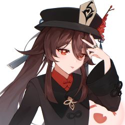 Rule 34 | 1girl, :p, black hat, black nails, brown hair, closed eyes, emio, fang, flower, genshin impact, ghost, hair between eyes, half-closed eyes, hand up, hat, highres, hu tao (genshin impact), jewelry, long hair, looking at viewer, nail polish, open mouth, plum blossoms, red eyes, ring, simple background, smile, solo, symbol-shaped pupils, tongue, tongue out, top hat, twintails, very long hair, white background, wide sleeves