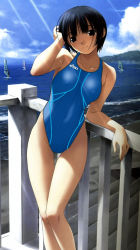 Rule 34 | 1girl, asics, beach, black eyes, black hair, blue one-piece swimsuit, blunt bangs, breasts, breasts apart, cloud, competition swimsuit, day, halterneck, hand on own head, hashimoto takashi, head tilt, ichinose mio, leaning to the side, legs together, one-piece swimsuit, outdoors, short hair, skin tight, sky, solo, standing, striped clothes, striped one-piece swimsuit, swimsuit, third-party edit, vertical-striped clothes, vertical-striped one-piece swimsuit, wet, wet hair, white breath