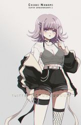 Rule 34 | 1girl, alternate costume, arm at side, belt, black choker, black jacket, black shorts, black tank top, blunt bangs, breasts, chain, character name, choker, cleavage, collarbone, commentary, copyright name, cowboy shot, criis-chan, crop top, danganronpa (series), danganronpa 2: goodbye despair, earrings, fishnet thighhighs, fishnets, flipped hair, grey background, grey hair, hair ornament, hand up, jacket, jewelry, large breasts, long sleeves, looking at viewer, nanami chiaki, o-ring, o-ring choker, off-shoulder jacket, off shoulder, open mouth, pink eyes, see-through, see-through shirt, short shorts, shorts, simple background, single thighhigh, solo, symbol-only commentary, tank top, thigh strap, thighhighs, white belt, white jacket, x hair ornament