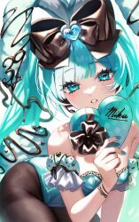 Rule 34 | 1girl, absurdres, black bow, black pantyhose, blue eyes, blue hair, blue leotard, blue nails, bow, box, chocolate, commentary, detached sleeves, hair bow, hatsune miku, heart-shaped box, highres, leotard, long hair, looking at viewer, pantyhose, parted lips, pink lips, playboy bunny, solo, ste sou25, twintails, valentine, vocaloid