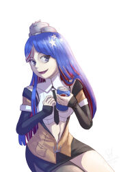 Rule 34 | 1girl, absurdres, asymmetrical legwear, black necktie, black skirt, blue hair, breasts, brown jacket, can, collared shirt, cowboy shot, dress shirt, drink can, grey eyes, headgear, highres, jacket, kantai collection, large breasts, long hair, long sleeves, multicolored hair, necktie, one-hour drawing challenge, open mouth, pencil skirt, pepsi, red hair, ron (pixiv83091338), shirt, simple background, single leg pantyhose, sitting, skirt, smile, soda can, solo, south dakota (kancolle), uneven legwear, white background, white hair, white shirt