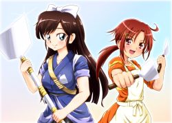 Rule 34 | 10s, 2girls, apron, blue eyes, bow, brown hair, crossover, diesel-turbo, hair bow, hino akane (smile precure!), kuonji ukyou, long hair, multiple girls, orange shirt, oversized object, ponytail, precure, ranma 1/2, red eyes, red hair, shirt, short hair, sleeves rolled up, smile, smile precure!, spatula, trait connection