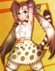 Rule 34 | 1girl, animal ears, bow, bowtie, cat ears, cat girl, cat tail, extra ears, geoffroy&#039;s cat (kemono friends), highres, kemono friends, kemono friends v project, kneehighs, long hair, looking at viewer, microphone, open mouth, rest in muni, ribbon, shirt, simple background, skirt, socks, solo, suspenders, tail, twintails, virtual youtuber, yellow eyes