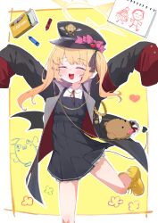 Rule 34 | 1girl, absurdres, black dress, black hat, black tail, black wings, blonde hair, blue archive, blush, boots, closed eyes, collared shirt, crayon, demon tail, demon wings, doodle sensei (blue archive), dress, foot out of frame, halo, hat, highres, ibuki (blue archive), long hair, neck ribbon, open mouth, peaked cap, pinafore dress, red ribbon, ribbon, rnekon215, sensei (blue archive), shirt, side ponytail, sketchbook, sleeveless, sleeveless dress, sleeves past fingers, sleeves past wrists, smile, solo, tail, white shirt, wings, yellow footwear, yellow halo