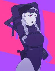 Rule 34 | 1girl, arms up, black lips, braid, breasts, cowboy shot, gloves, goggles, goggles on head, gun, hat, highres, koyorin, lipstick, long hair, long sleeves, makeup, medium breasts, one eye closed, original, red eyes, simple background, solo, stretching, twin braids, two-tone background, weapon, weapon on back