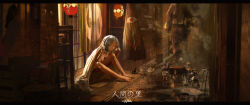 Rule 34 | 1girl, 2others, absurdres, alley, architecture, barefoot, blanket, blue eyes, blue hair, box, breasts, brown kimono, bucket, closed mouth, completely nude, cup, diao (nrays), donation box, east asian architecture, expressionless, full body, grey umbrella, heterochromia, highres, holding, holding blanket, japanese clothes, karakasa obake, kimono, lantern, letterboxed, looking at viewer, multiple others, nipples, nude, outdoors, paper lantern, plate, pointy ears, red eyes, shelf, short hair, sitting, small breasts, smoke, solo focus, statue, tatara kogasa, teacup, touhou, traditional youkai, translation request, tsukumogami, umbrella