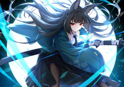 1girl absurdres animal_ear_fluff animal_ears black_gloves black_pantyhose black_skirt blunt_bangs closed_mouth cowboy_shot fingerless_gloves fox_ears fox_girl gloves green_jacket high-waist_skirt highres holding holding_sword holding_weapon hoshimi_miyabi incoming_attack jacket katana long_hair looking_at_viewer pantyhose red_eyes shiraiwa_usagi sidelocks skirt solo sword weapon zenless_zone_zero