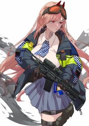 Rule 34 | 1girl, assault rifle, black thighhighs, blue jacket, blue skirt, breasts, brown gloves, closed mouth, earrings, eyewear on head, feet out of frame, girls&#039; frontline, gloves, gun, hair ornament, hairclip, heart, heart earrings, highres, holding, holding gun, holding weapon, jacket, jewelry, large breasts, lips, long hair, looking away, mole, mole under eye, neck tattoo, open clothes, open jacket, pink hair, police, police uniform, policewoman, purple eyes, rifle, safety glasses, serious, shinoda giri, shirt, sig mcx, sig mcx (girls&#039; frontline), simple background, skirt, smoke, solo, standing, tattoo, thighhighs, uniform, walkie-talkie, weapon, white background, white shirt