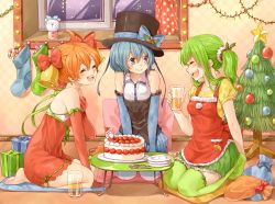 Rule 34 | 3girls, :d, ^ ^, ahoge, bare shoulders, bell, bell (rbb), blue (rbb), blue eyes, blue hair, blush, cake, christmas stocking, christmas tree, closed eyes, curtains, elbow gloves, female focus, food, fork, fruit, full body, gift, glass, gloves, green eyes, green hair, green legwear, hair bell, hair ornament, hat, hat ribbon, holding, indoors, kneeling, looking at another, multiple girls, open mouth, orange hair, original, ponytail, rainy (rbb), rainybluebell, ribbon, rojiko, sack, short hair, smile, star (symbol), christmas stocking, strawberry, thighhighs, top hat, window
