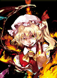 Rule 34 | 1girl, :p, angry, bad id, bad pixiv id, blonde hair, cis (carcharias), female focus, fire, flandre scarlet, hat, middle finger, multicolored eyes, ponytail, solo, tongue, tongue out, touhou, wings