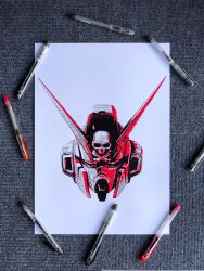Rule 34 | absurdres, art tools in frame, crossbone gundam, crossbone gundam x-1, gundam, head only, highres, ink (medium), making-of available, mecha, mobile suit, monochrome, no humans, robot, science fiction, skull and crossbones, solo, traditional media, v-fin, white background, wiplash 1