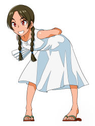 Rule 34 | 1girl, abenobashi mahou shoutengai, absurdres, arms behind back, asahina arumi, basha-156, braid, breasts, brown eyes, brown hair, child, dress, feet, flip-flops, full body, grin, hair over shoulder, hand fan, harisen, highres, leaning forward, long hair, looking at viewer, no socks, open mouth, parted bangs, pigeon-toed, red eyes, sandals, simple background, sleeveless, sleeveless dress, smile, solo, standing, sundress, twin braids, white background, white dress