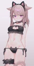 Rule 34 | anger vein, angry, animal ears, black lingerie, blush, bra, cat ears, cat girl, cat lingerie, cat tail, cleavage cutout, clothing cutout, collar, ears down, fake animal ears, frilled bra, frills, funa (sakana), highres, light brown hair, medium hair, meme attire, navel, neck bell, ponytail, purple eyes, tagme, tail, thigh strap, underwear, underwear only