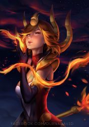 Rule 34 | 1girl, black gloves, blurry, breasts, cleavage, depth of field, doubled67, elbow gloves, elementalist lux, embers, eyelashes, fire, fire elementalist lux, gloves, league of legends, looking at viewer, lux (league of legends), medium breasts, orange hair, pyrokinesis, red eyes, sky, solo, staff, star (sky), starry sky, tagme, watermark, web address