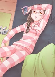 Rule 34 | 1girl, arm up, brown eyes, brown hair, cellphone, couch, feet out of frame, from above, hair over shoulder, highres, hood, hood down, indoors, long sleeves, looking up, lying, nintendo 64 controller, on back, on couch, pajamas, parted lips, phone, pillow, smartphone, solo, sora yori mo tooi basho, striped, takahashi megumi, tsukune (seseri)