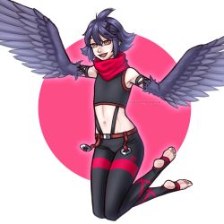 Rule 34 | 1girl, absurdres, bare shoulders, black feathers, black hair, black legwear, black wings, commentary, desert avenger, english commentary, feathered wings, feathers, feet, flat chest, hair between eyes, harpy, highres, midriff, monster girl, navel, open mouth, original, pink background, red scarf, scarf, short hair, sidelocks, simple background, sleeveless, soles, solo, stirrup legwear, toeless legwear, toes, twitter username, white background, winged arms, wings, yellow eyes