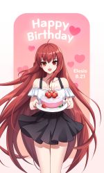 Rule 34 | 1girl, absurdres, ahoge, alternate costume, bare shoulders, birthday, birthday cake, black skirt, cake, casual, commentary request, copyright name, dated, elesis (elsword), elsword, english text, floating hair, food, grand master (elsword), hair between eyes, happy birthday, heart, highres, long hair, looking at viewer, naze236, open mouth, red eyes, red hair, skirt, sleeveless, smile, solo, tank top, very long hair, white tank top