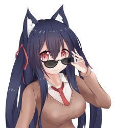 Rule 34 | 1girl, animal ear fluff, animal ears, black-framed eyewear, black hair, blush, breasts, brown sweater, cat ears, chisuzu mei, closed mouth, collarbone, collared shirt, fangs, fangs out, hair between eyes, hair ribbon, hand up, long hair, long sleeves, medium breasts, nagato-chan, necktie, paryi project, red eyes, red necktie, red ribbon, ribbon, shirt, sidelocks, simple background, smile, solo, sunglasses, sweater, two side up, upper body, very long hair, virtual youtuber, white background, white shirt
