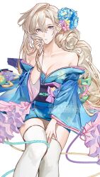 Rule 34 | 1girl, annindofu umaaa, apc556 (girls&#039; frontline), blonde hair, blue eyes, blue kimono, collarbone, floral print, flower, girls&#039; frontline, hair flower, hair ornament, highres, holding, holding own hair, japanese clothes, kimono, looking at viewer, off shoulder, official alternate costume, simple background, solo, thighhighs, white background, white thighhighs