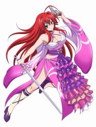 Rule 34 | 10s, 1girl, ahoge, artist request, blue eyes, breasts, cleavage, cosplay, full body, hair between eyes, high school dxd, highres, holding, holding sword, holding weapon, huge ahoge, large breasts, long hair, midriff peek, red hair, rias gremory, simple background, solo, source request, standing, sword, valkyrie drive, valkyrie drive -bhikkhuni-, very long hair, viola (valkyrie drive), viola (valkyrie drive) (cosplay), weapon, white background