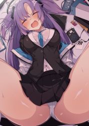 Rule 34 | 1girl, absurdres, anger vein, black skirt, blue archive, blush, breasts, halo, highres, jacket, kkry99, long hair, long sleeves, looking at viewer, lying, medium breasts, necktie, off shoulder, on back, open clothes, open mouth, panties, purple eyes, purple hair, shirt, skirt, solo, spread legs, thick thighs, thighs, two side up, underwear, white panties, white shirt, yuuka (blue archive)