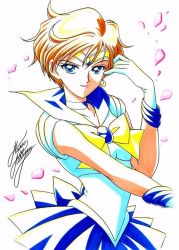 Rule 34 | 1girl, bishoujo senshi sailor moon, blonde hair, blue eyes, blue sailor collar, blue skirt, bow, brooch, choker, cowboy shot, crescent, crescent earrings, earrings, gloves, jewelry, looking at viewer, magical girl, marco albiero, marker (medium), petals, pleated skirt, sailor collar, sailor uranus, short hair, signature, single earring, skirt, smile, solo, ten&#039;ou haruka, tiara, traditional media, white background, white gloves, yellow bow