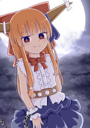 Rule 34 | 1girl, absurdres, blue skirt, bow, closed mouth, fang, full moon, hair bow, highres, horn ornament, horn ribbon, horns, ibuki suika, long hair, looking at viewer, low-tied long hair, moon, orange hair, outdoors, purple ribbon, red bow, red eyes, ribbon, rozugadena, shirt, sidelocks, skin fang, skirt, smile, solo, torn clothes, torn sleeves, touhou, white shirt, wrist cuffs