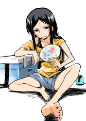 Rule 34 | 1girl, bare arms, bare legs, barefoot, black bra, black eyes, black hair, blue shorts, bra, collarbone, cooler, eyebrows, feet, hair between eyes, hand fan, holding, holding fan, hot, io naomichi, jewelry, long hair, necklace, orange shirt, original, parted bangs, shadow, shirt, short sleeves, shorts, simple background, sitting, solo, spread legs, sweat, t-shirt, underwear, white background