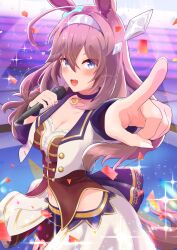 Rule 34 | 1girl, :d, animal ears, blue eyes, blush, brown hair, choker, concert, corset, cropped jacket, from side, grey hairband, hair between eyes, hairband, highres, holding, holding microphone, horse ears, horse girl, horse tail, jacket, long hair, looking at viewer, looking to the side, microphone, midriff, mihono bourbon (umamusume), open mouth, overskirt, pendant choker, pointing, purple choker, purple wristband, red corset, red shorts, shorts, smile, solo, starting future (umamusume), tail, twitter username, umamusume, white jacket, yukke jan