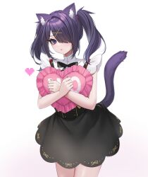 Rule 34 | 1girl, absurdres, ame-chan (needy girl overdose), animal ears, black bow, black bowtie, black skirt, bow, bowtie, cat ears, commentary request, cowboy shot, heart, heart-shaped pillow, highres, holding, holding pillow, miniskirt, needy girl overdose, nemuaki, pillow, purple eyes, purple hair, shirt, simple background, skirt, solo, standing, twintails, white background, white shirt