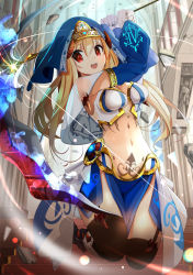 Rule 34 | 1girl, blonde hair, bodypaint, breasts, chain chronicle, clip studio paint (medium), detached sleeves, gloves, habit, highres, horns, large breasts, long hair, midriff, navel, onasuba, open mouth, original, red eyes, revealing clothes, scythe, solo, thighhighs, very long hair