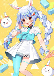 Rule 34 | 1girl, :d, animal ear fluff, animal ears, blue hair, blue pantyhose, blush, braid, carrot hair ornament, collared shirt, commentary request, food-themed hair ornament, hair between eyes, hair ornament, hand up, holding, hololive, looking at viewer, mauve, multicolored hair, pekomon (usada pekora), open mouth, pantyhose, puffy short sleeves, puffy sleeves, rabbit ears, red eyes, shirt, short sleeves, single leg pantyhose, skirt, smile, teeth, twin braids, twintails, two-tone hair, upper teeth only, usada pekora, virtual youtuber, white hair, white shirt, white skirt, yellow background